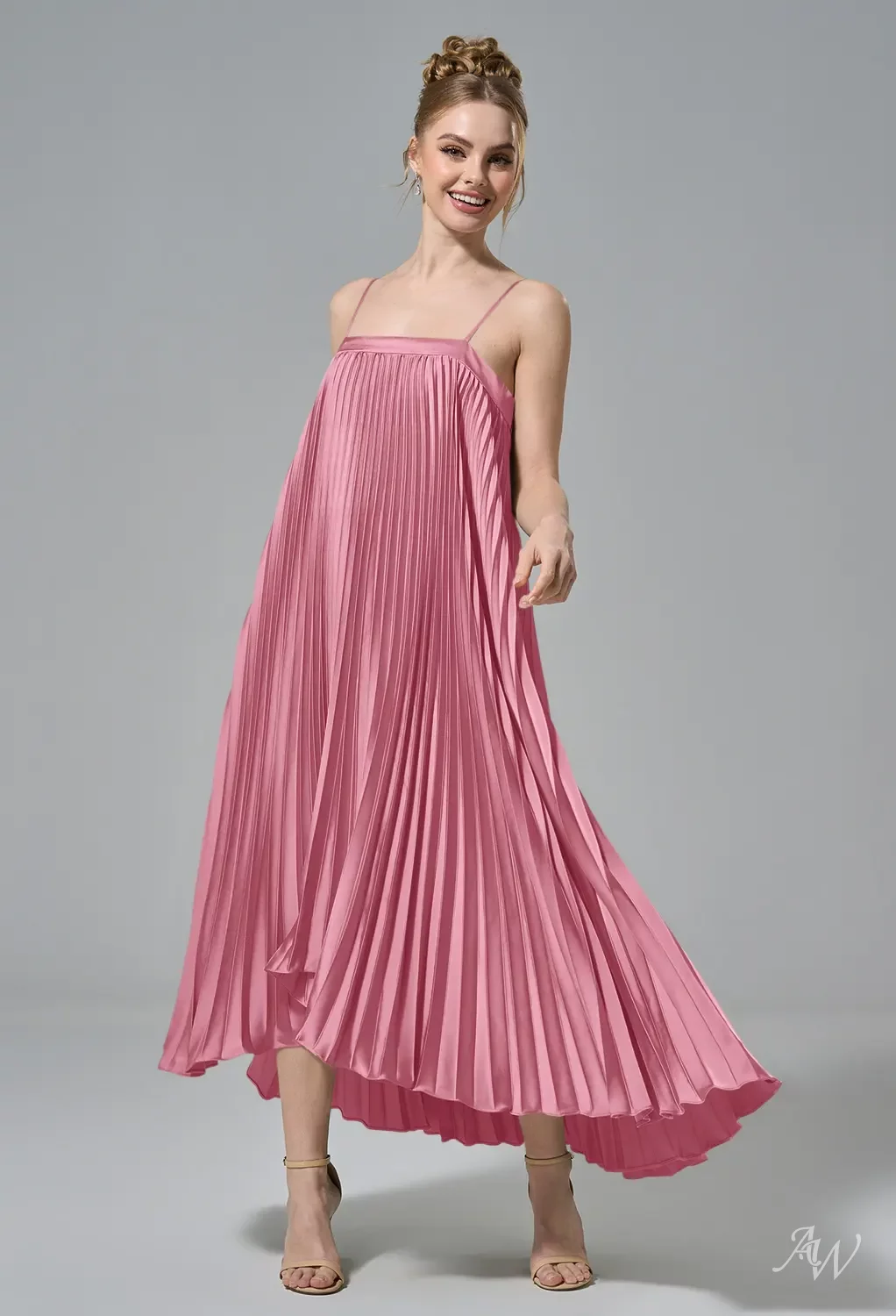 AW Daria Dress, Sand Gold Crystal Satin Satin Charmeuse Stretch